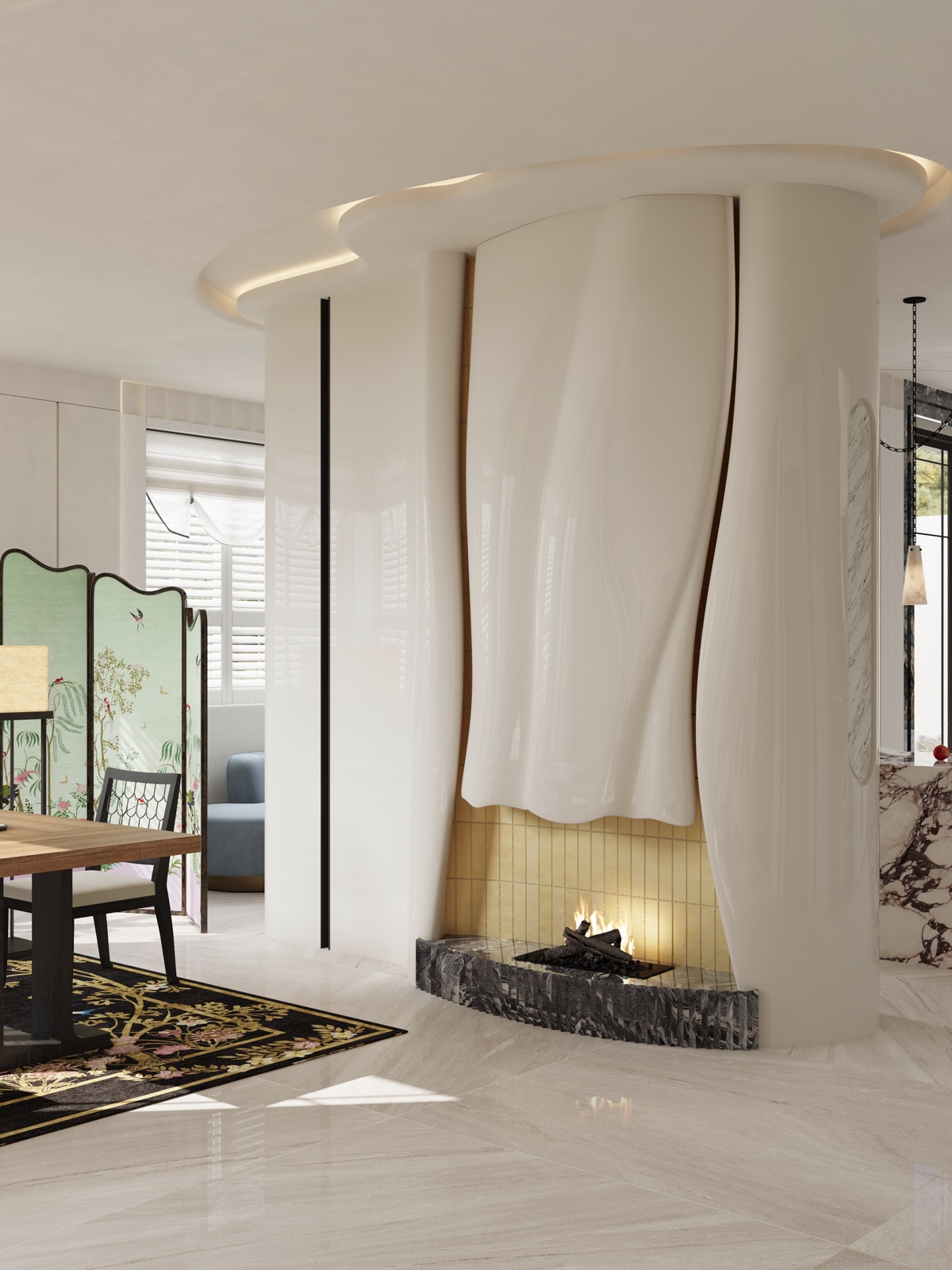 Sculptural fireplace in draped white lacquer with gold mosaic hearth