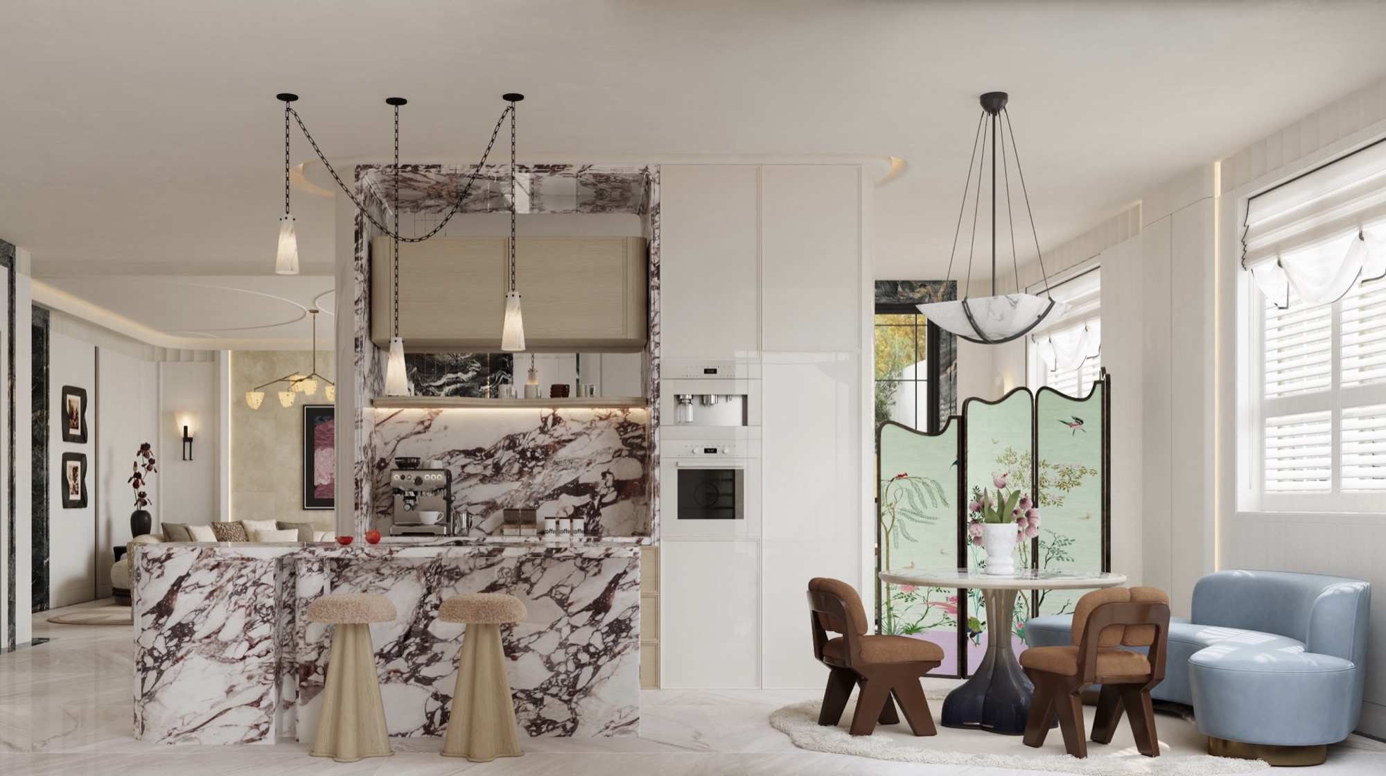 Western kitchen with viola-marble island and chinoiserie screen