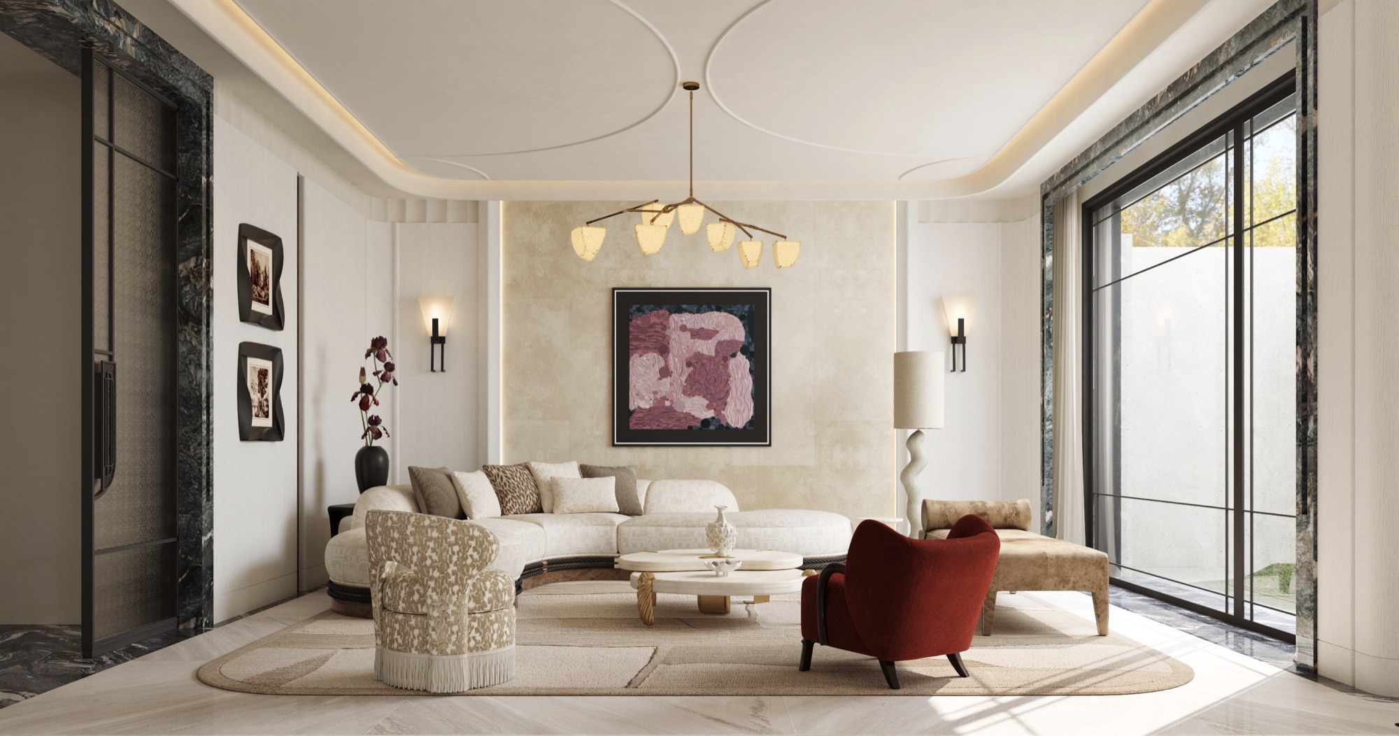 Jing'an Lane Villa — living room with ringed ceiling coves and sculptural chandelier