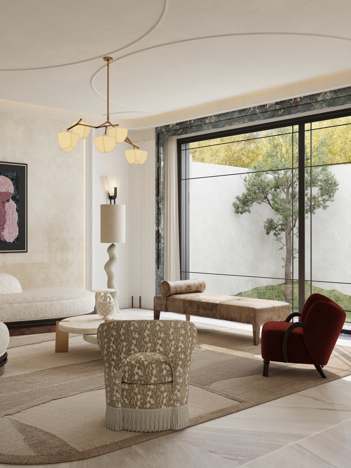 Living room corner with leopard-print stool and garden view