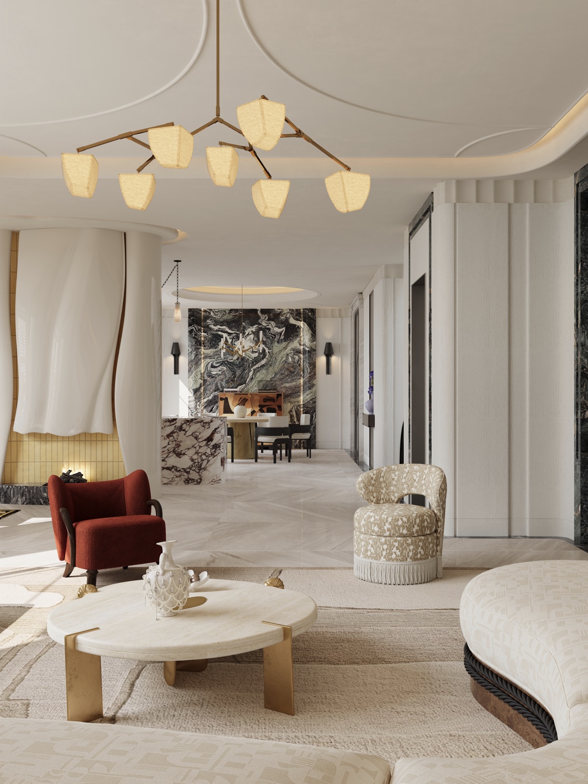 Living and dining seen past the fireplace and marble bar