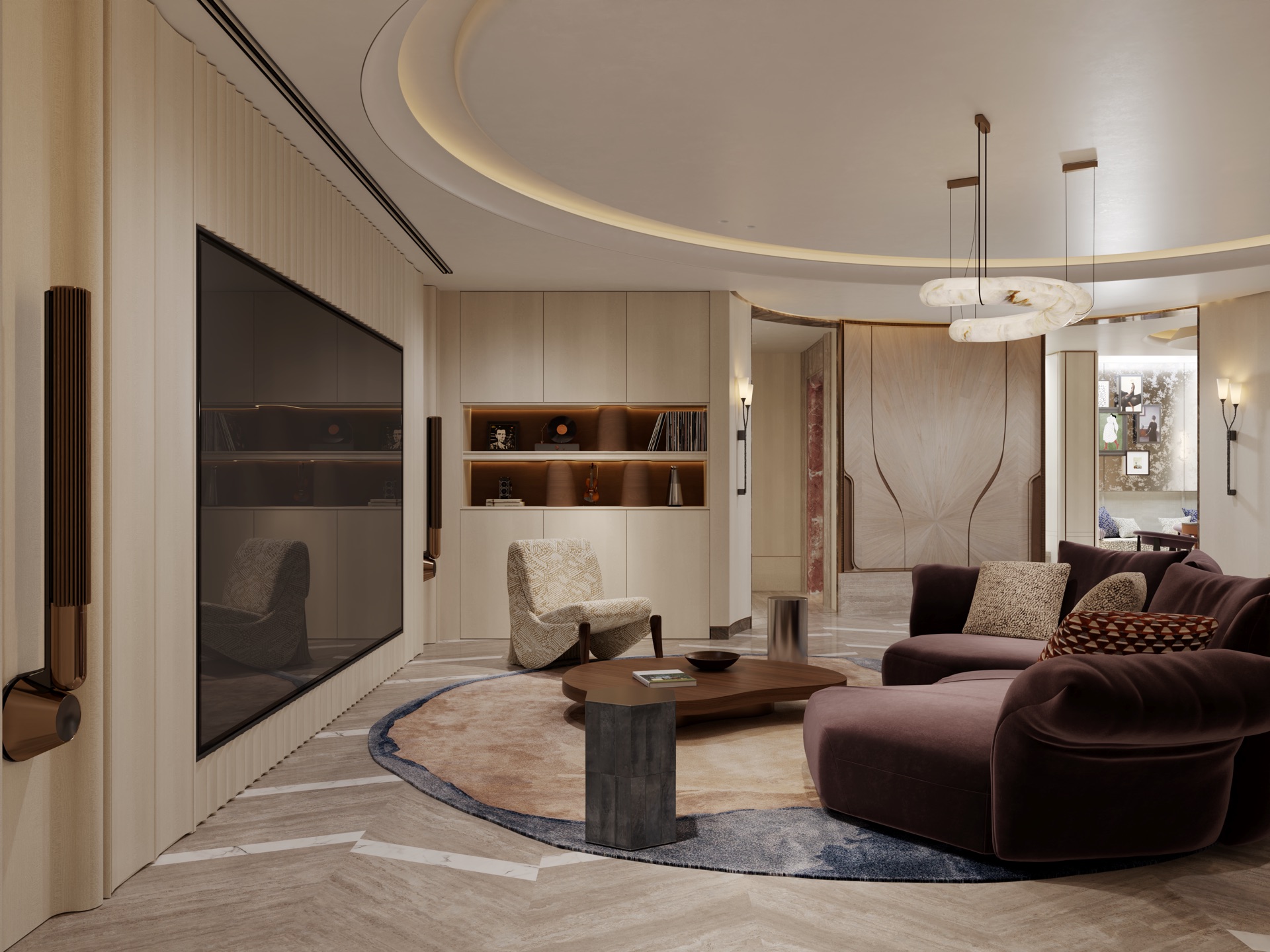 Basement media lounge with curved ceiling