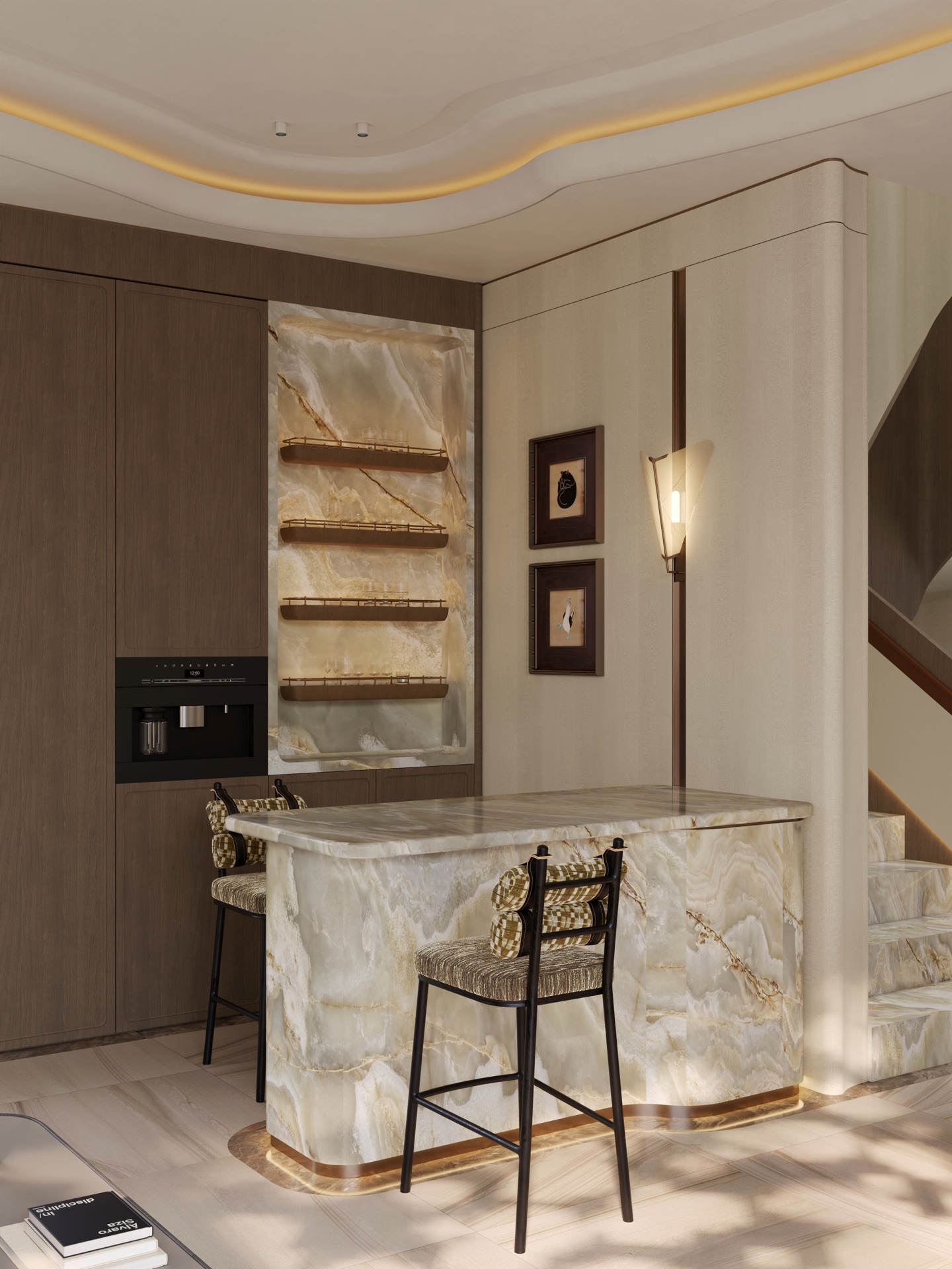 Western kitchen — onyx bar counter and coffee station