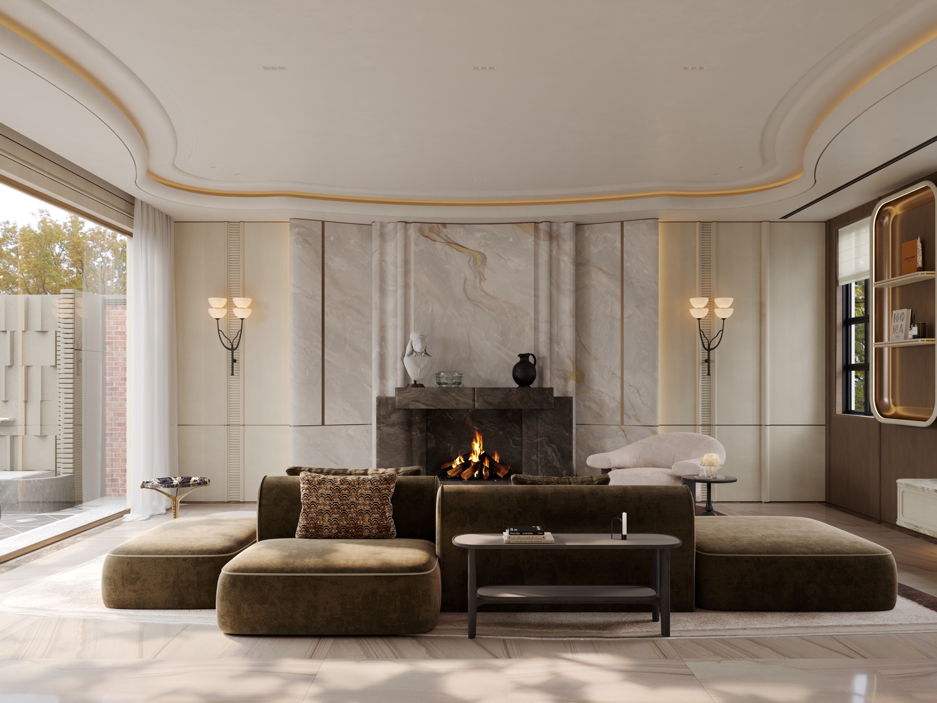 Tong'an Lane Villa — living room with curved ceiling and marble fireplace