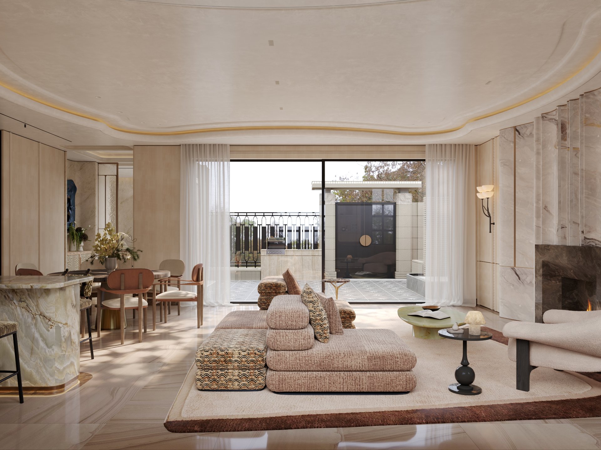 Tong'an Lane Villa — living and dining area opening to the courtyard