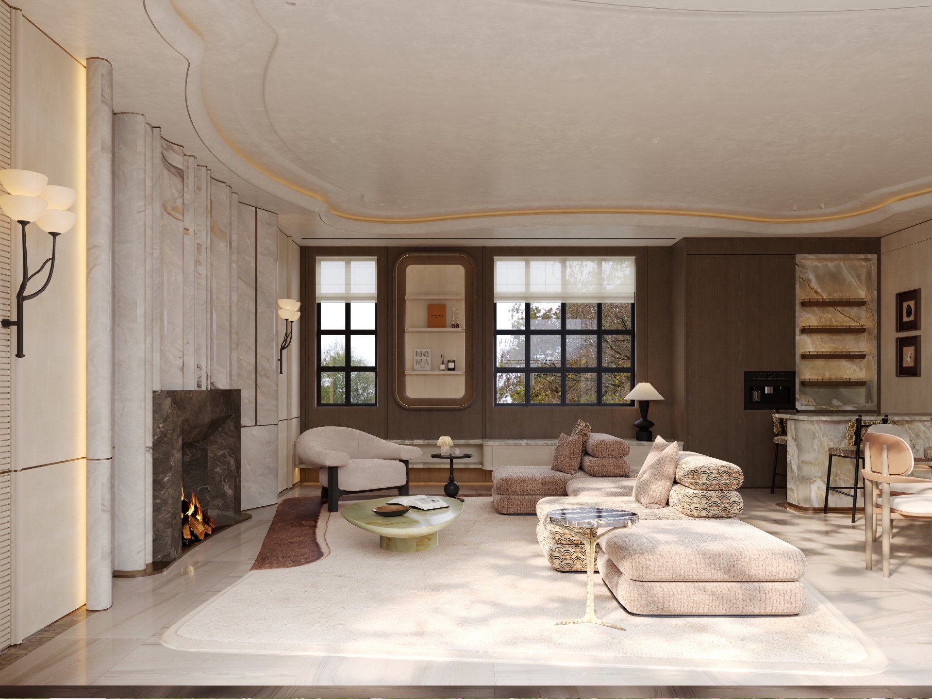 Living room — curved ceiling, fireplace and window seat