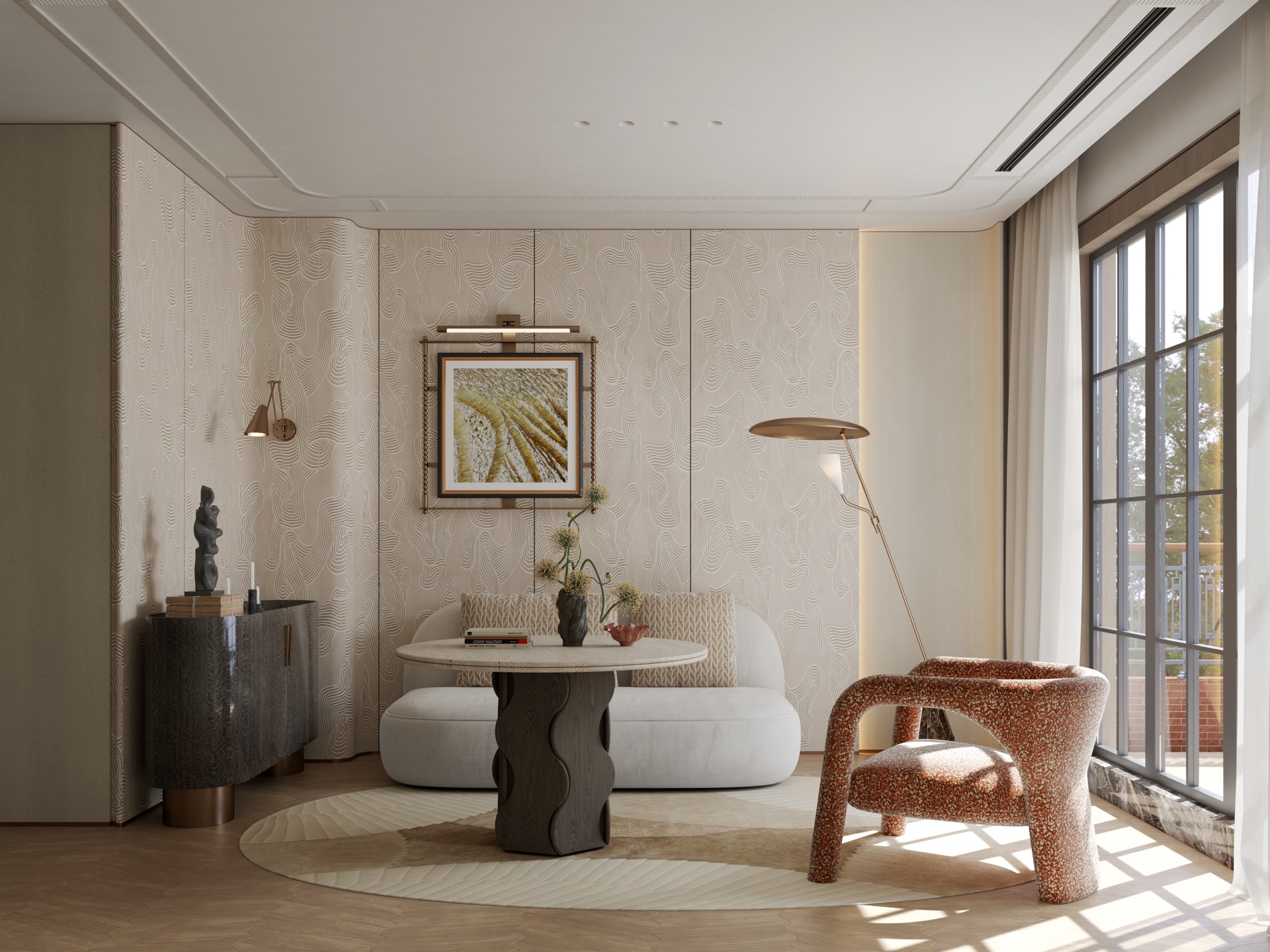 Second-floor reading lounge with terrazzo armchair