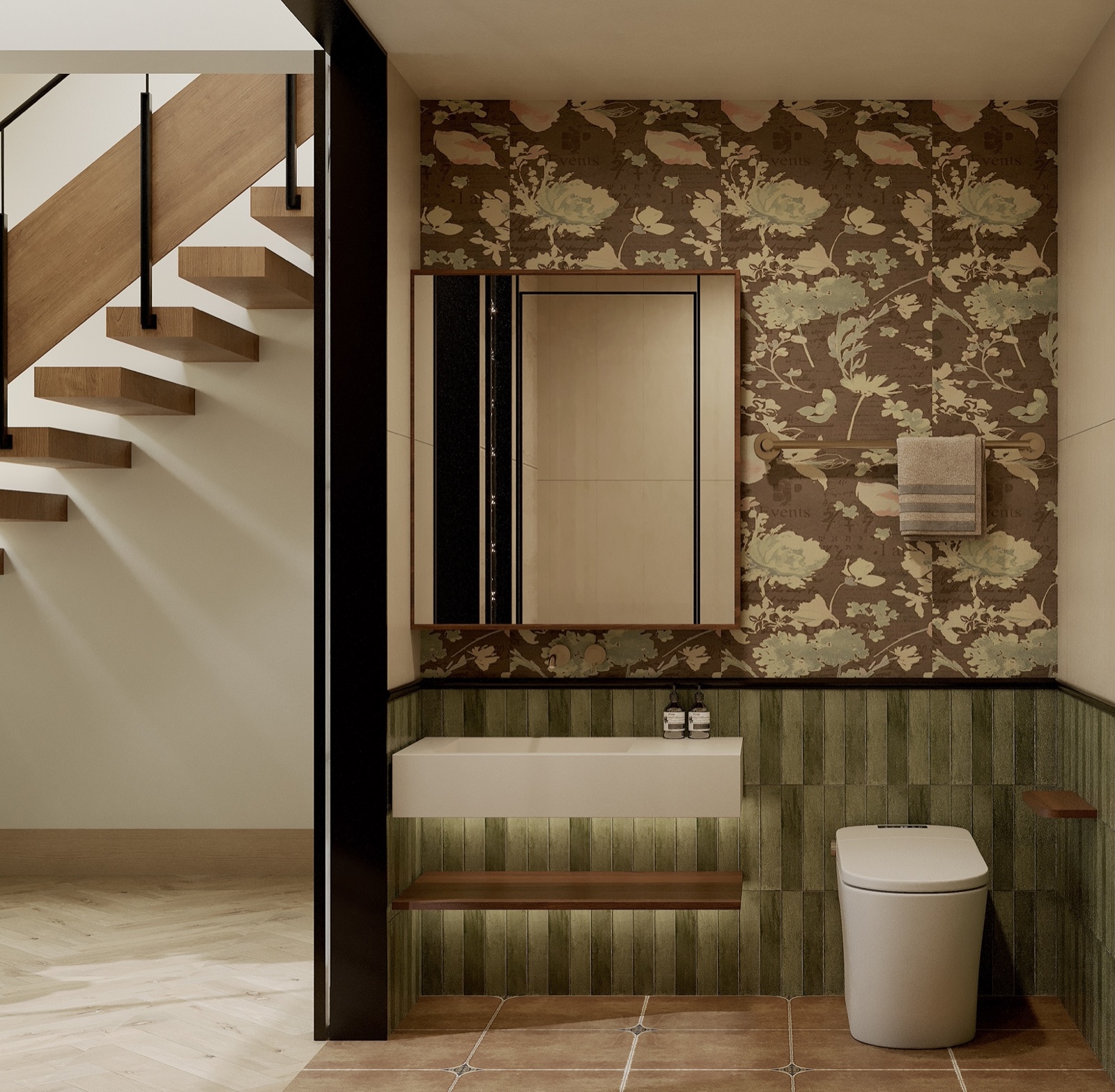 Powder room with floral wallpaper, green tile and floating basin