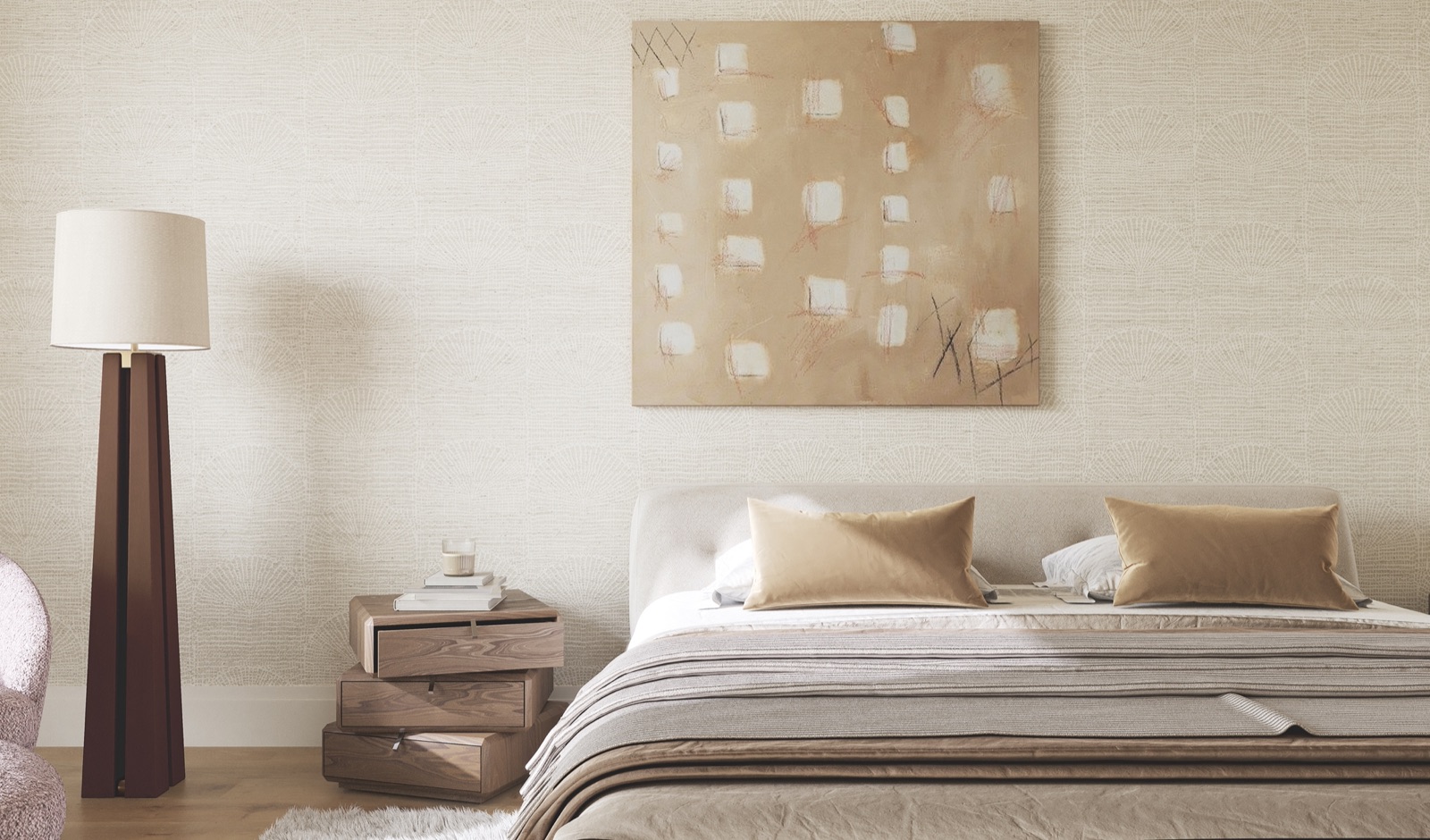 Bedroom in warm neutrals with abstract artwork