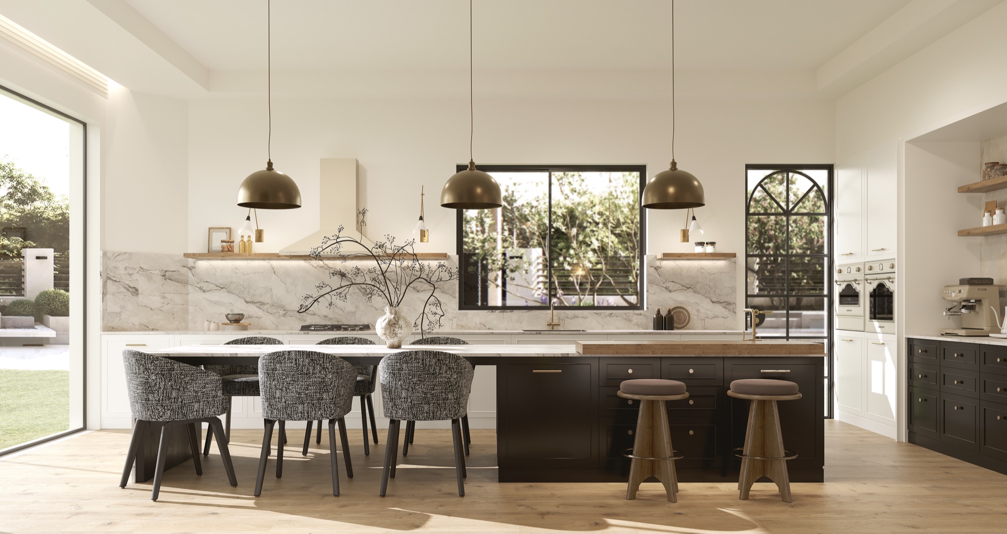 Dining and kitchen with black island, veiled marble backsplash and brass pendants
