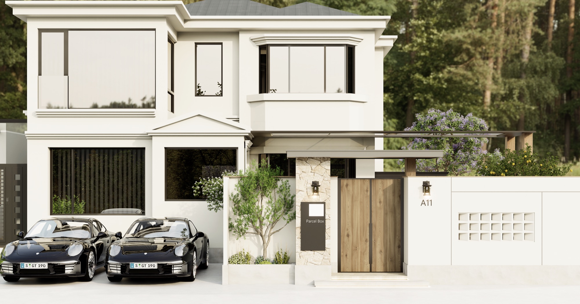 White two-storey facade with wooden gate, plastered courtyard wall and planted borders