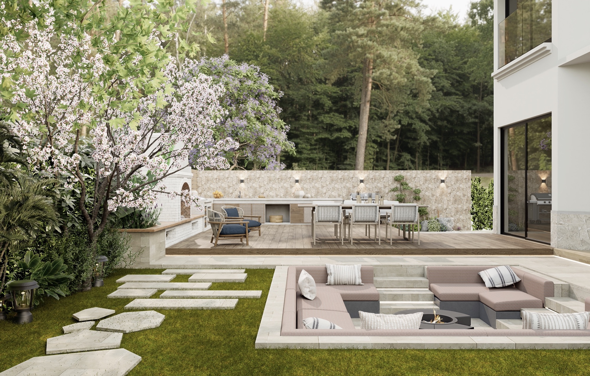 West Suburb Villa — sunken fire-pit lounge beneath a blossom tree, with outdoor fireplace and dining terrace