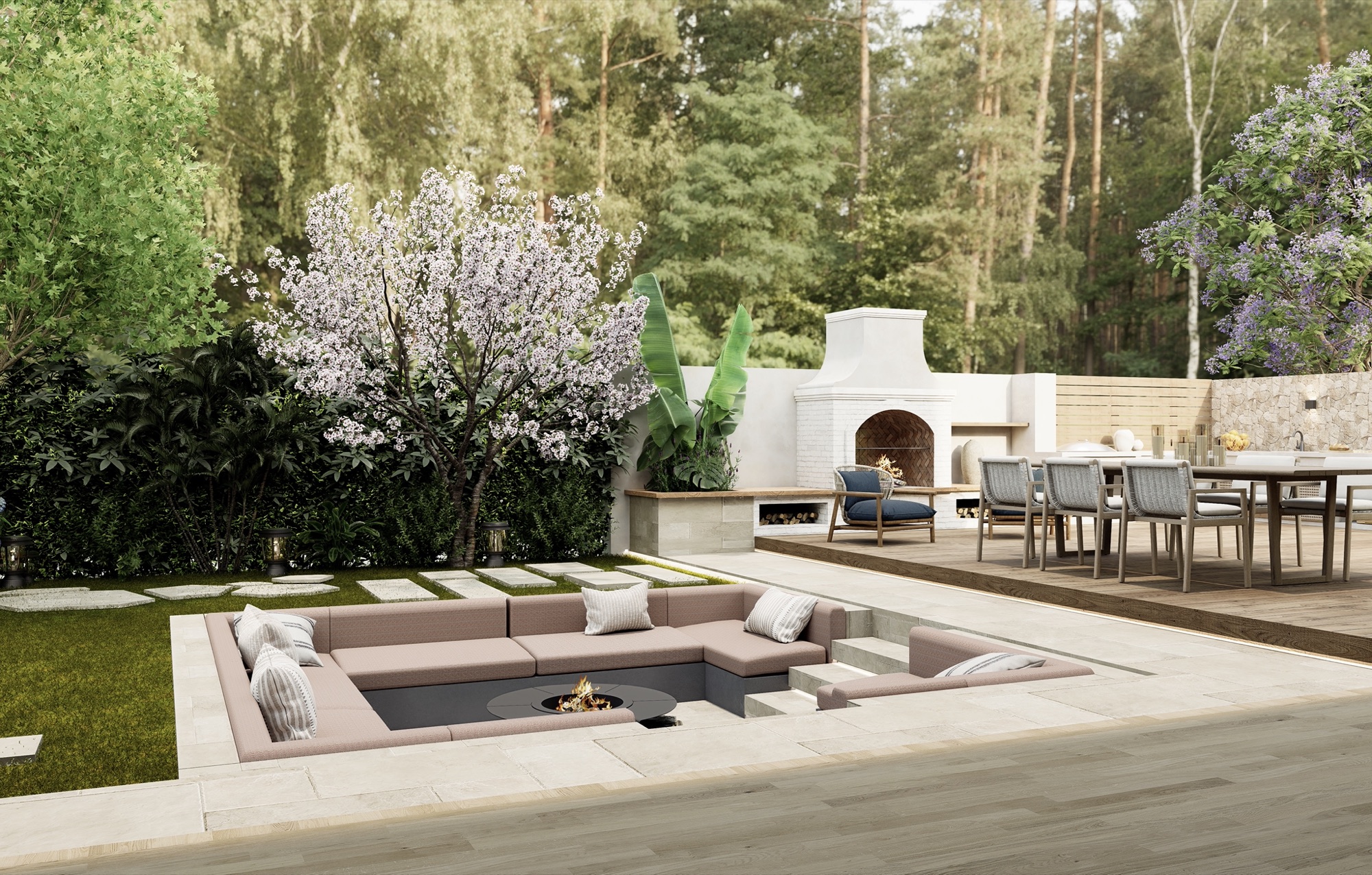 Garden with outdoor kitchen, dining terrace, blossom tree and sunken fire-pit lounge
