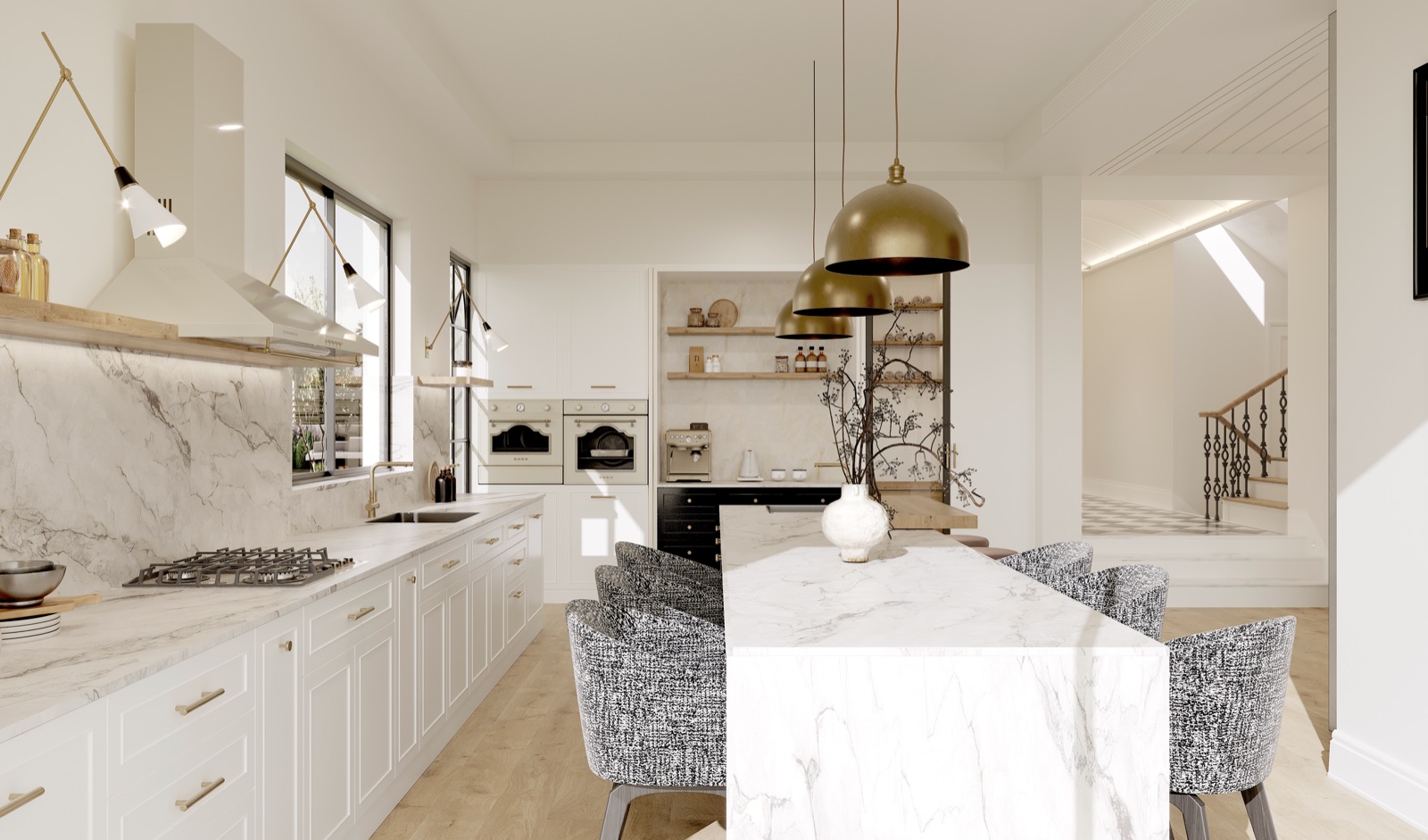 Kitchen with white cabinetry, marble backsplash and breakfast island