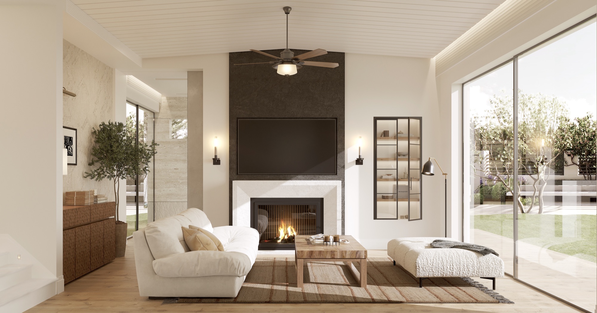 Living room with dark stone fireplace wall, white sofa and garden glazing