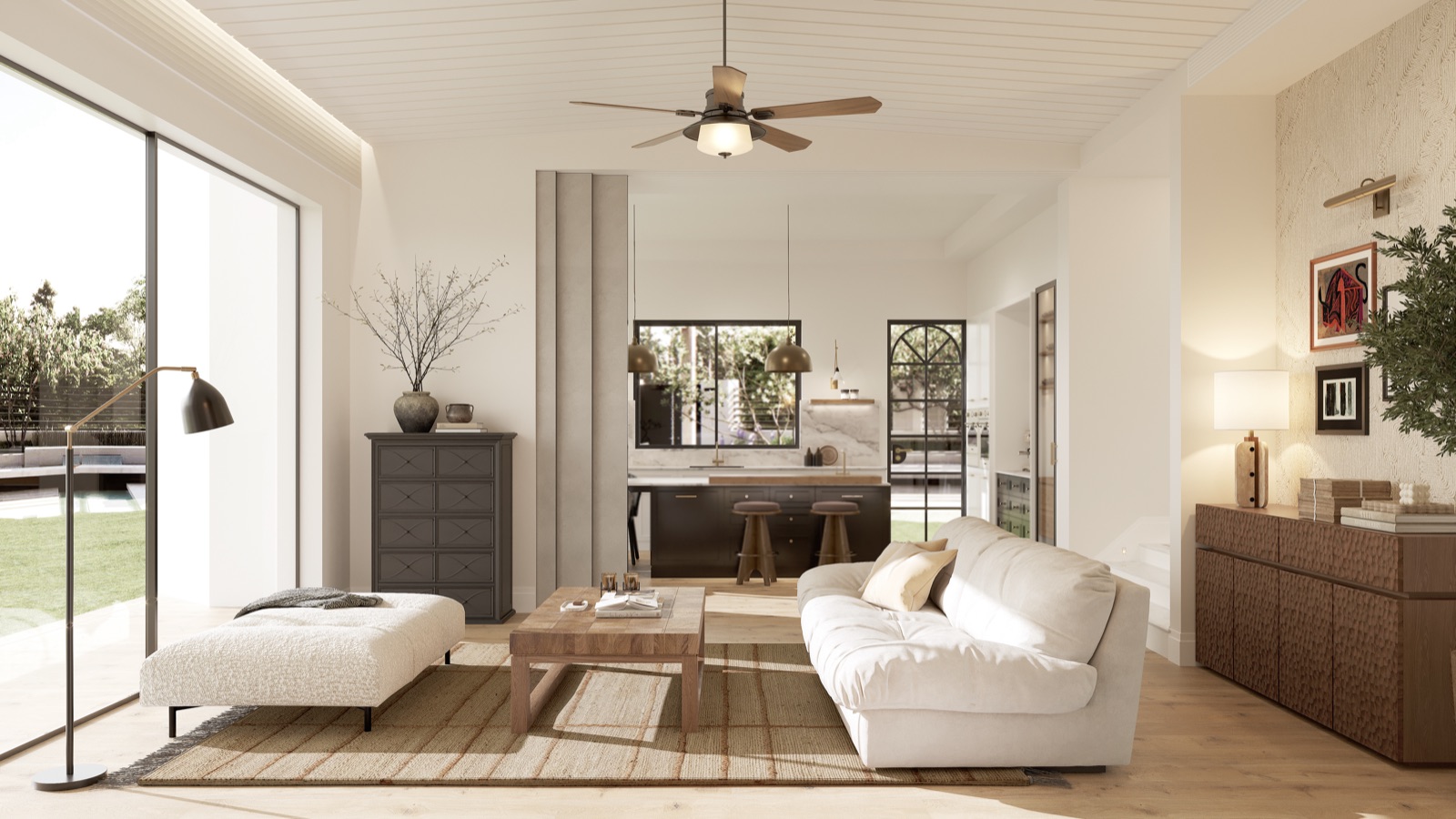 Open living and dining space looking towards the kitchen island and garden