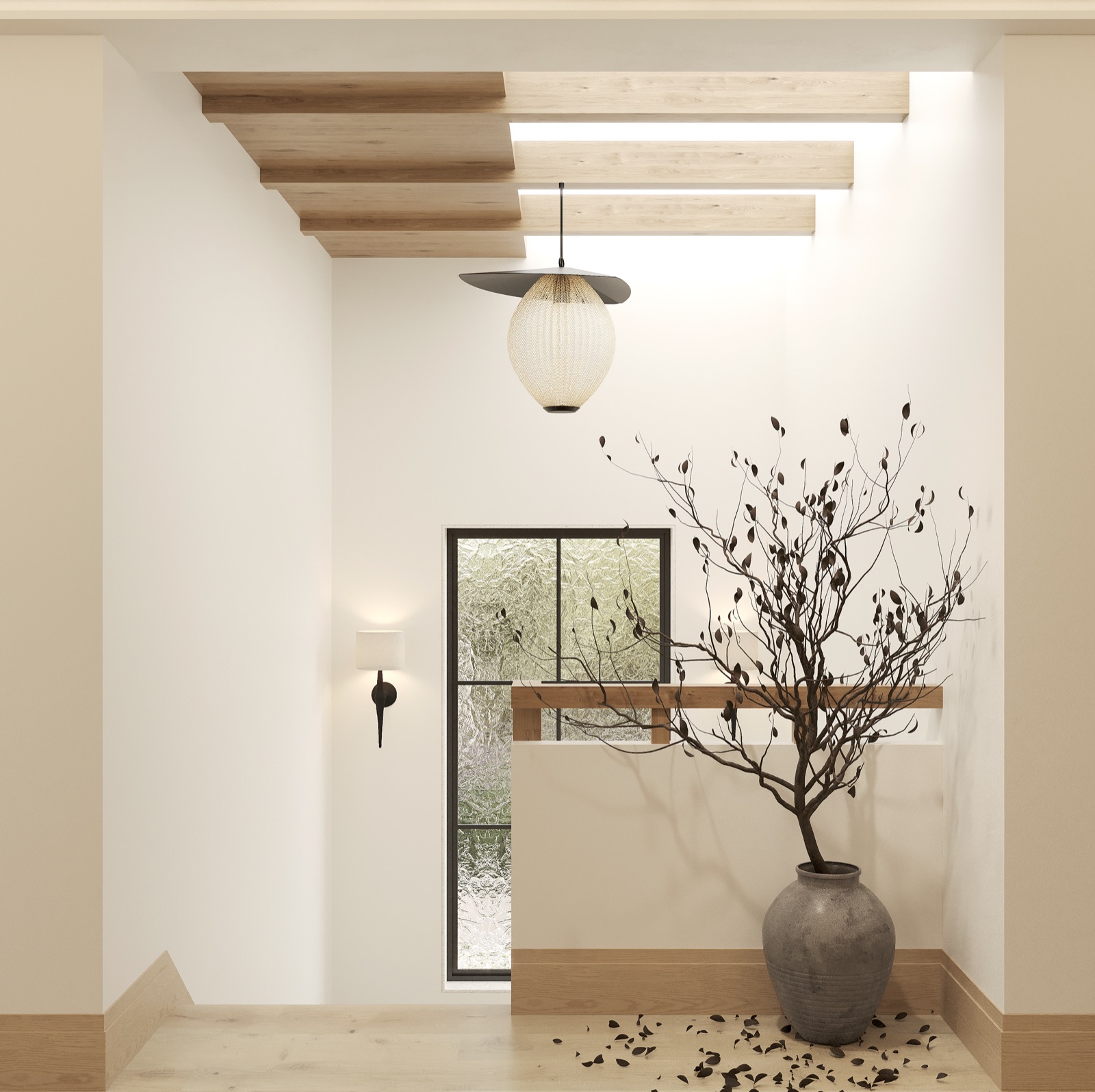 Stair hall with floating oak treads, skylight strip, paper-lantern pendant and dried branches in a clay jar
