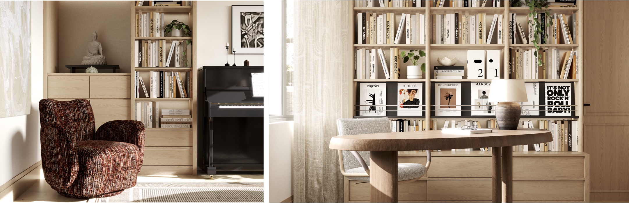 Study with piano corner and wall of bookshelves, shown as a wide diptych